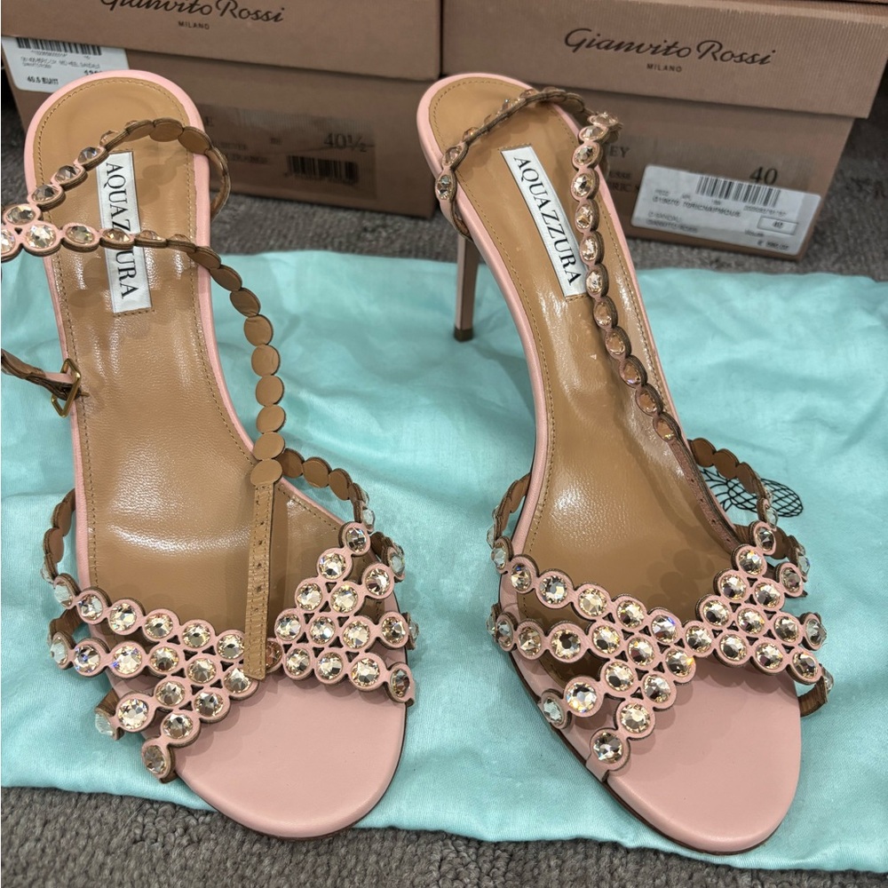 Aquazzura Pink Jeweled T-Strap Stiletto Sandals